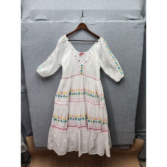 Simply Southern White Boho Style Dress With Floral Embroidery 3/4 Sleeves And Pi - Picture 1 of 6